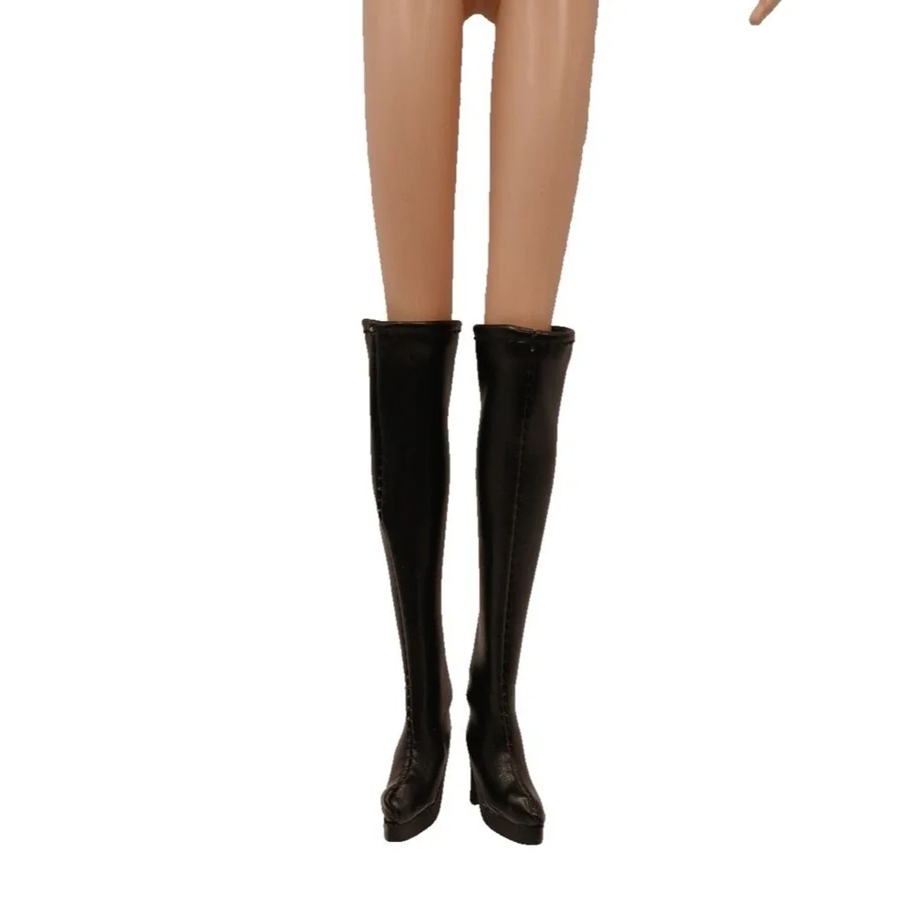 Black Pleather Slip On Over the Knee Boots Shoes for Fashion Dolls Marked 